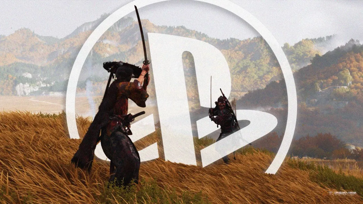 Atsu and an outlaw stand suspiciously close in tall grass, the PlayStation logo almost lost between them