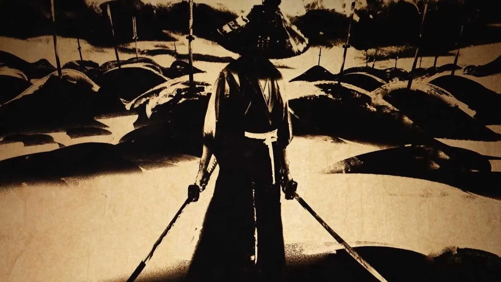Takezo the Unrivaled stands in a menacing stance, smoke or mist clinging to his form like a bad omen