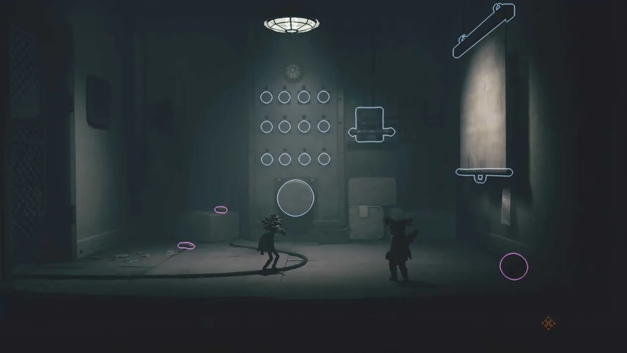 Low and Alone standing in a room with a button panel puzzle