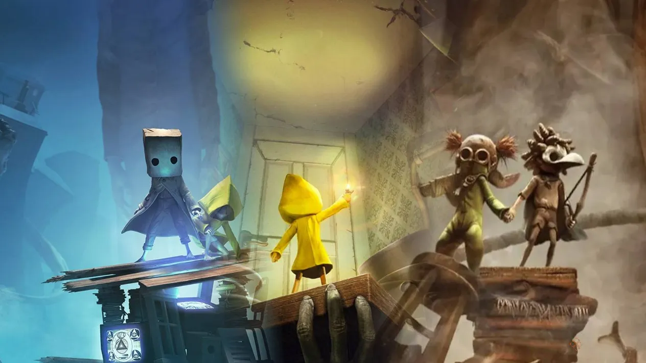 Little Nightmares trilogy key art featuring Six, Mono, and the new protagonists merging into a single eerie composition