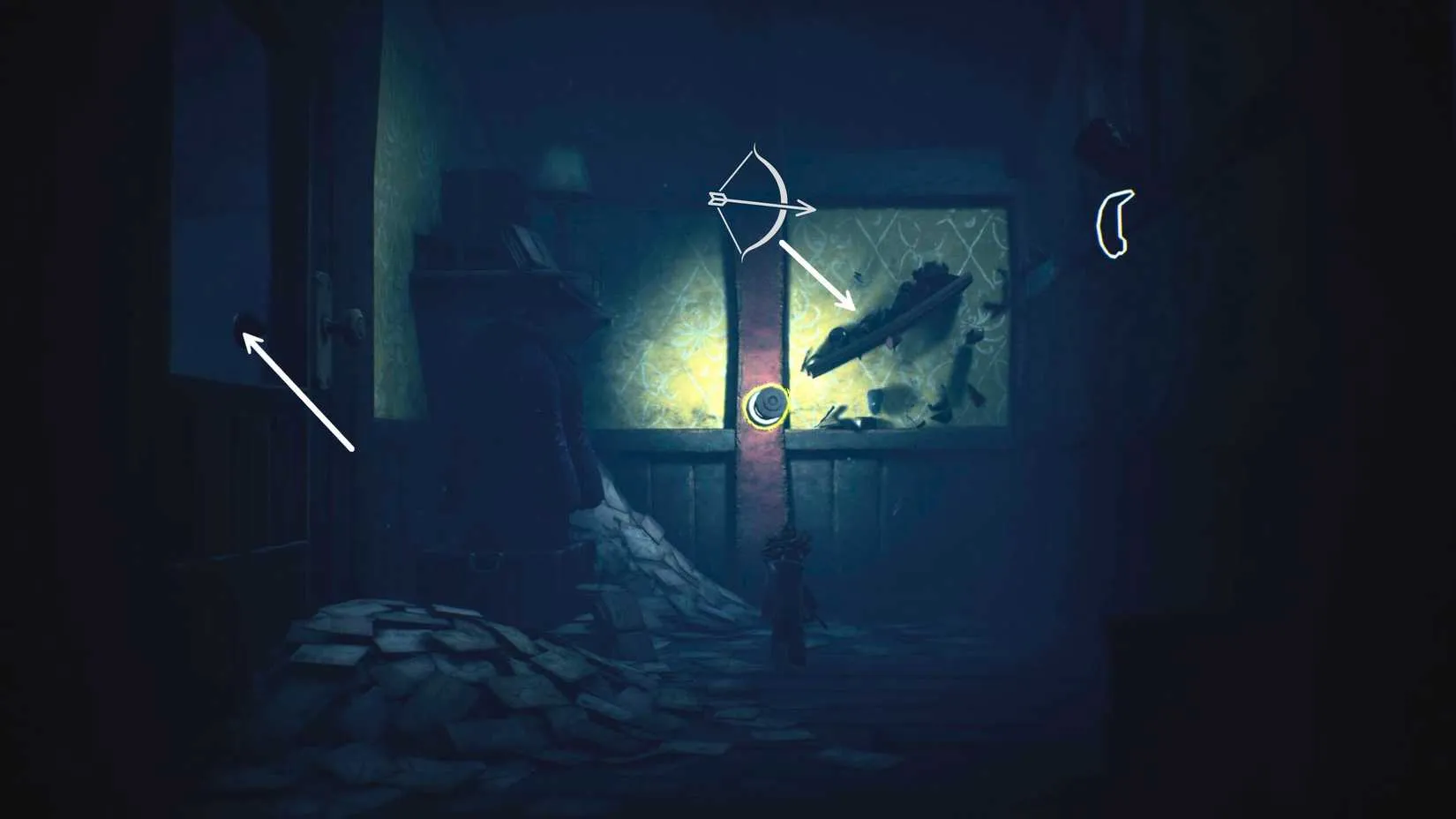 Low uses the crate and rope to access the far section of the house, where the fuse is visible on a high shelf.