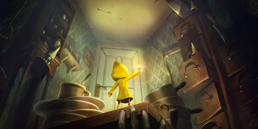 Six sitting alone in a dimly lit prison area, surrounded by unsettling shadows in the original Little Nightmares