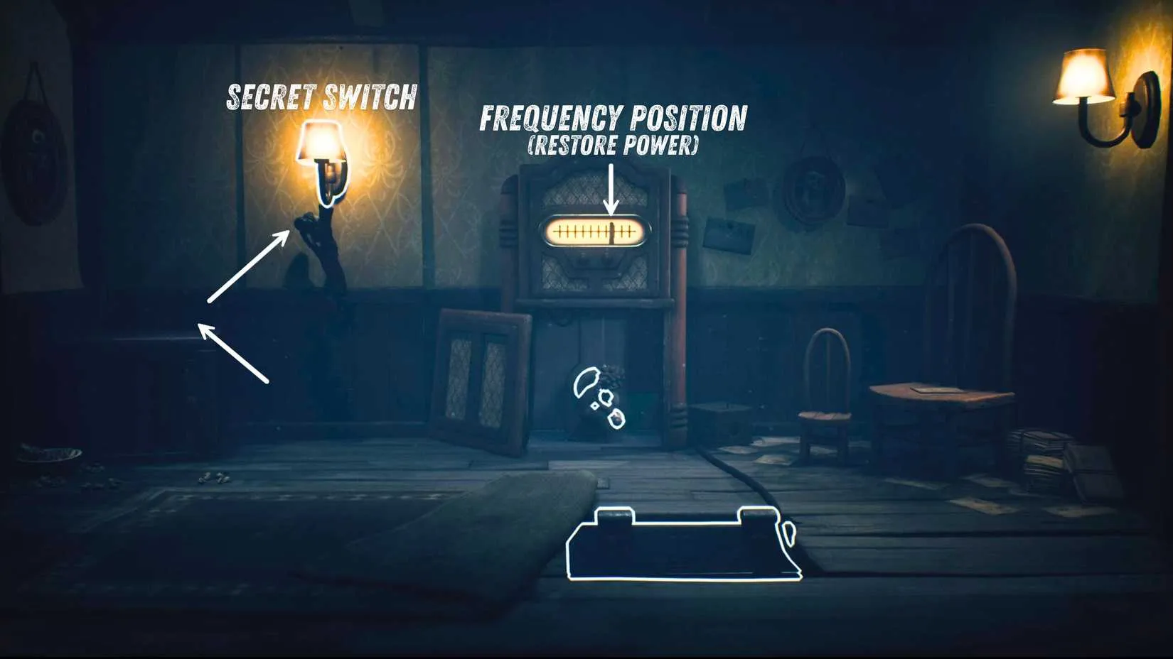 The character slowly turns the crank beneath the powered radio, carefully guiding the needle to the correct position.
