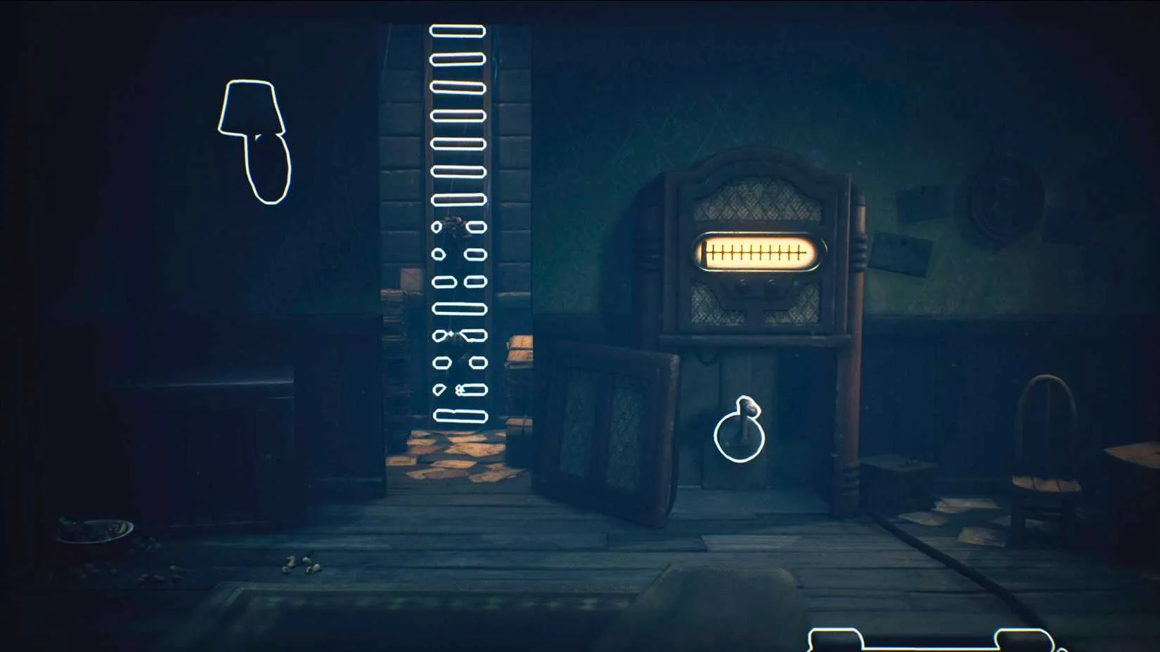 With the radio tuned, one player holds the crank while the other activates the overhead light fixture, revealing the secret ladder.