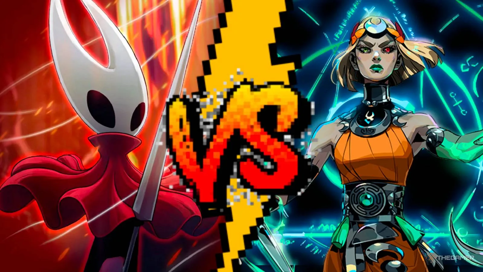 Hornet from Hollow Knight: Silksong facing Melinoe from Hades 2 in a dramatic versus battle