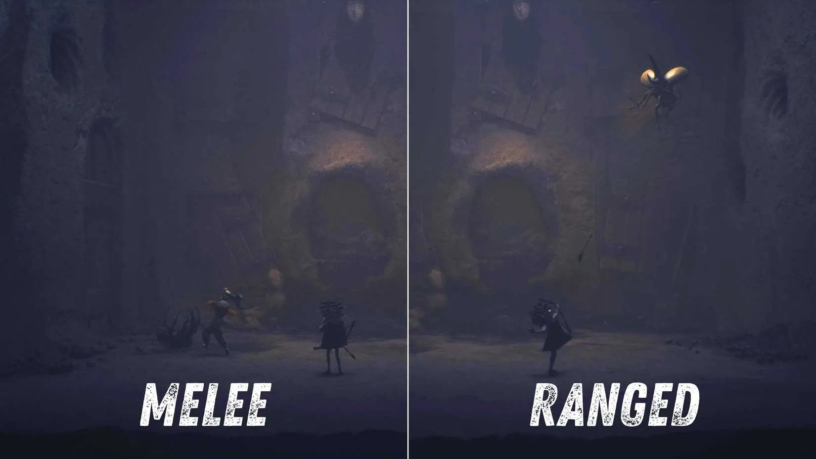 Two protagonists Low and Alone stand back-to-back in the eerie world of Little Nightmares 3, one holding a bow and the other a wrench