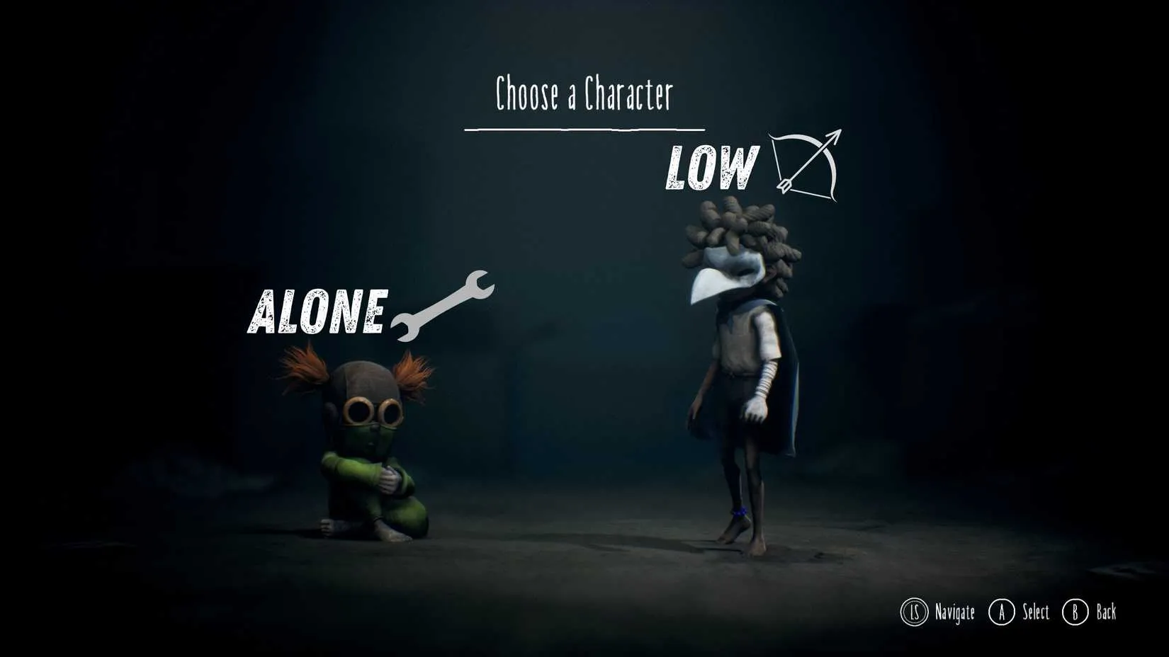 Character selection screen showing Low on the left and Alone on the right, ready for the player to choose who will face the nightmares