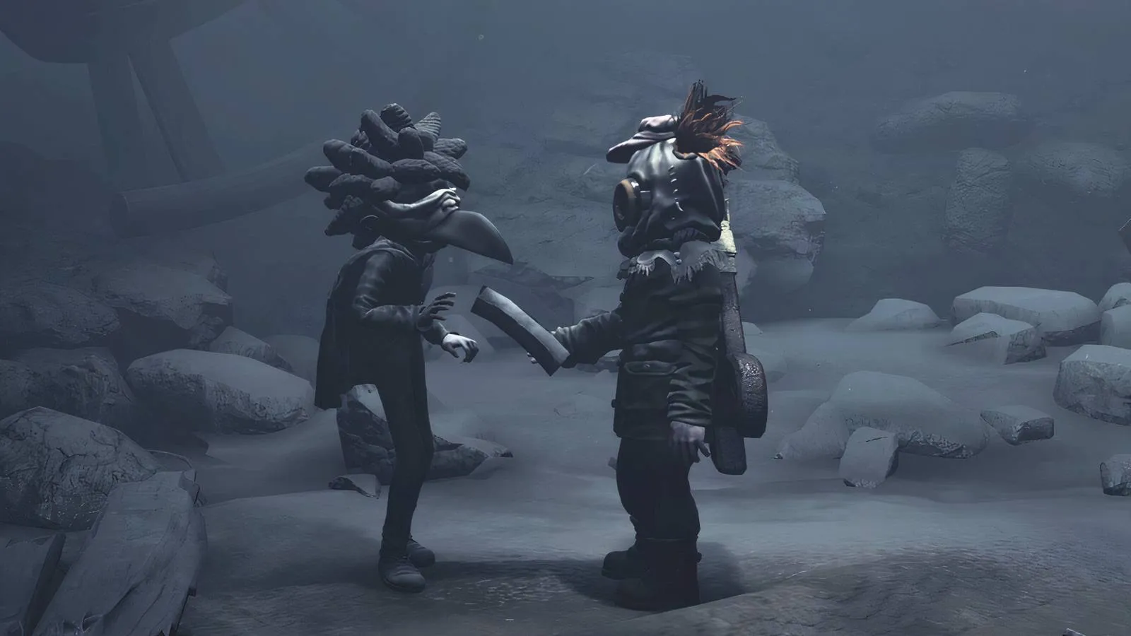 Low and Alone sharing a mysterious piece of paper in the eerie corridors of Little Nightmares 3