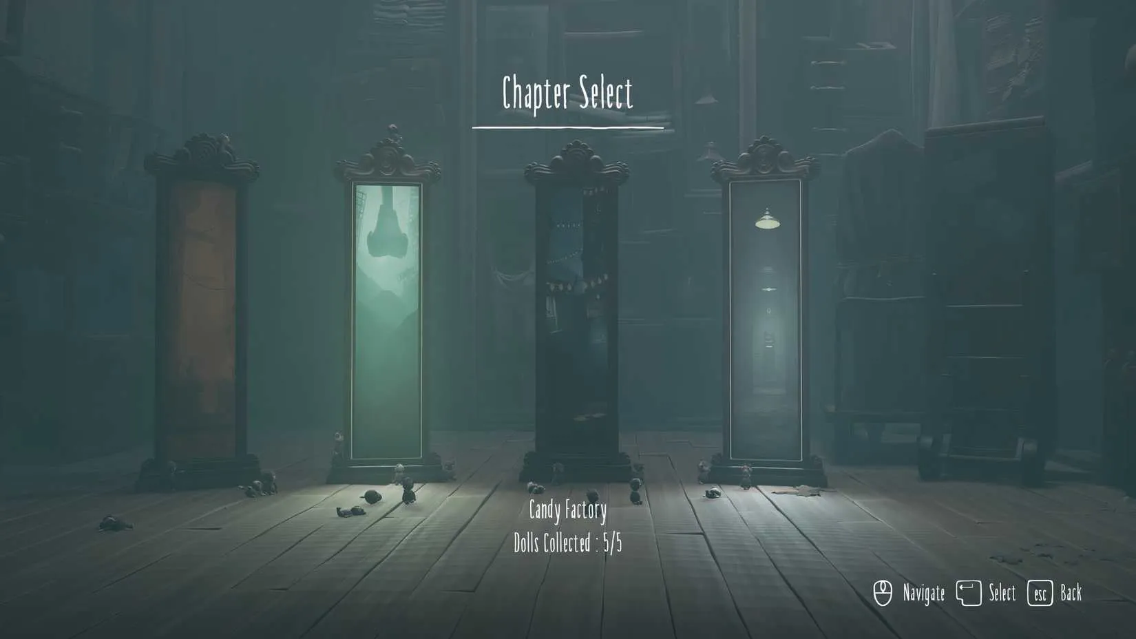 The chapter select screen in Little Nightmares 3, showing four distinct acts and doll progress