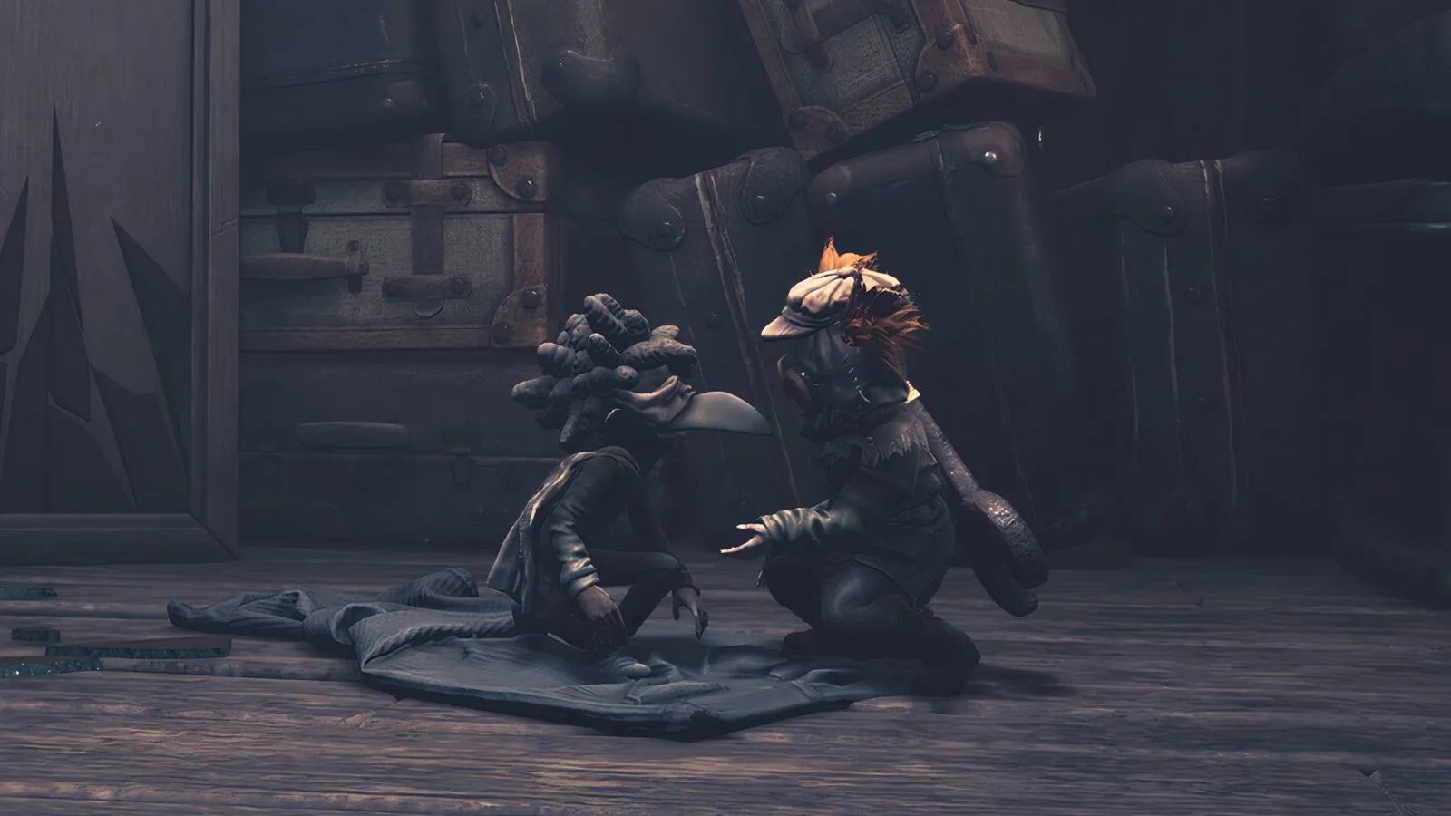 Three hands in the dark, reaching out &mdash; one small hand clasping another, while a third skeletal hand looms above, symbolizing the bond between Low and Alone in Little Nightmares 3