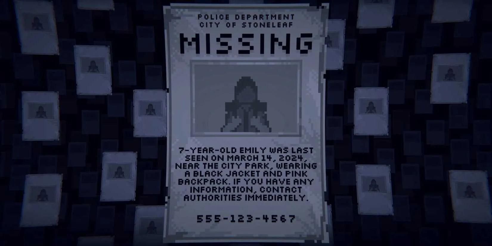 A pixelated missing person poster pinned to a cabin wall, rain streaking down a dimly lit window