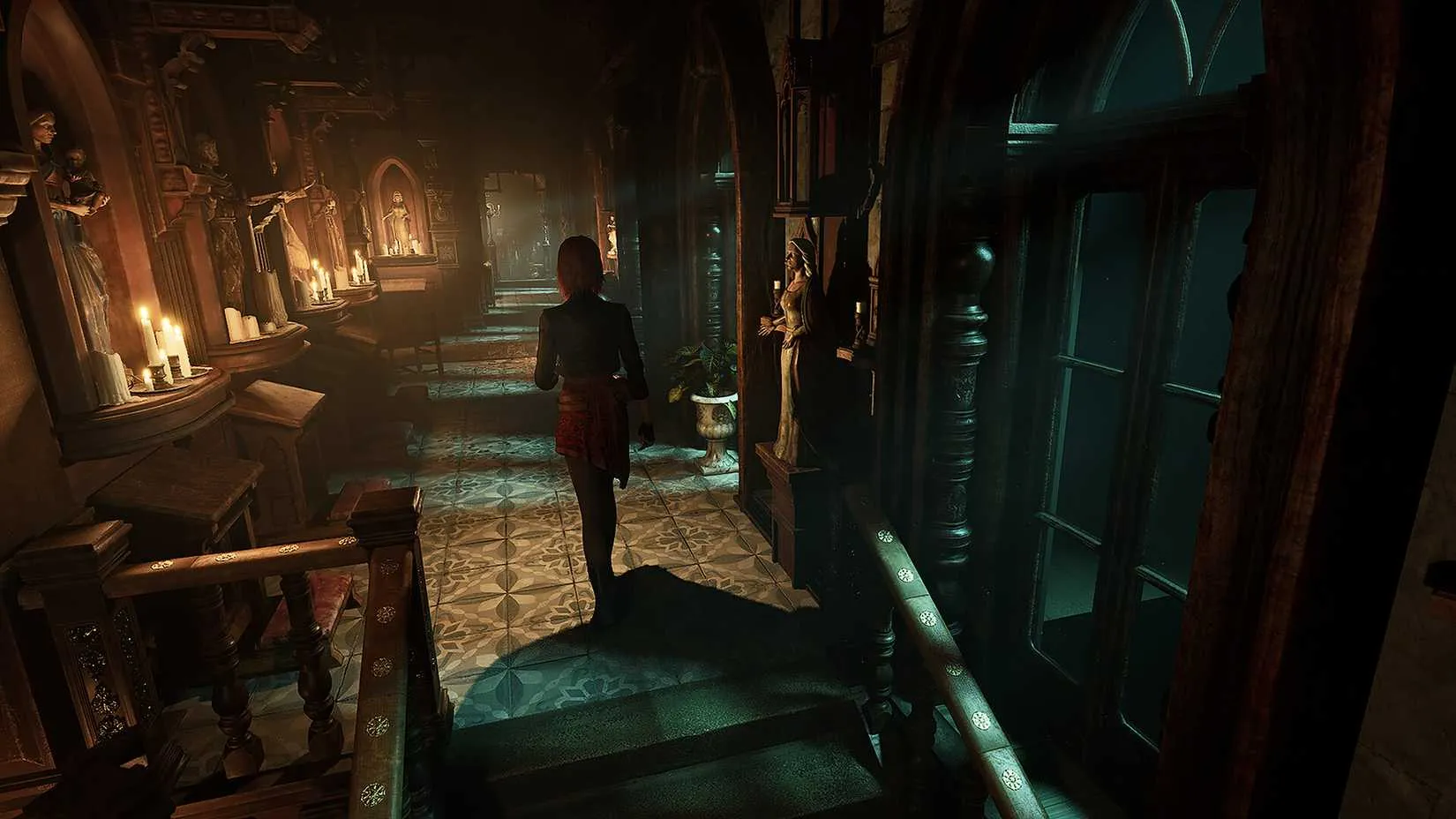 A cathedral-like mansion corridor bathed in unsettling blue light