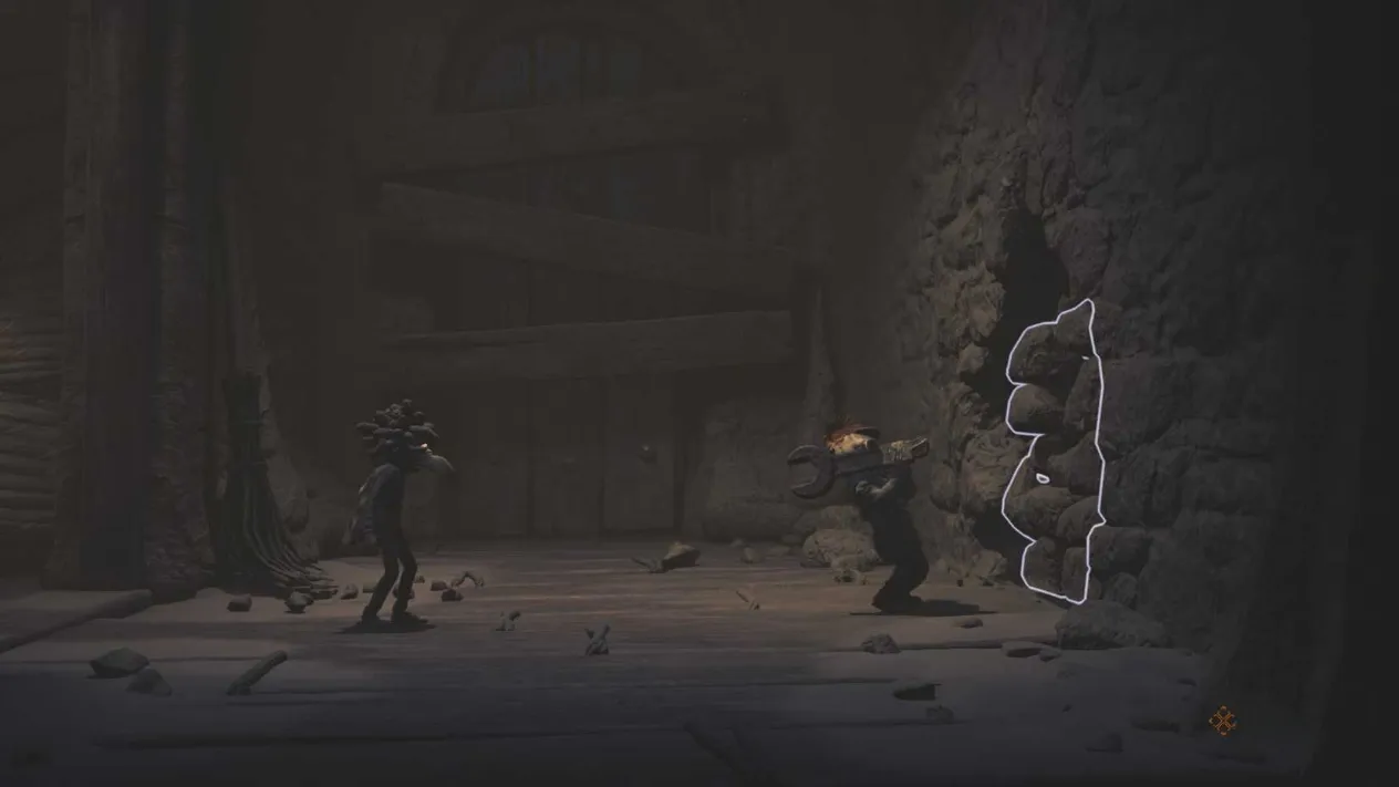 Alone straining against a wrench to smash through a crumbling wall, while Low waits for an opening