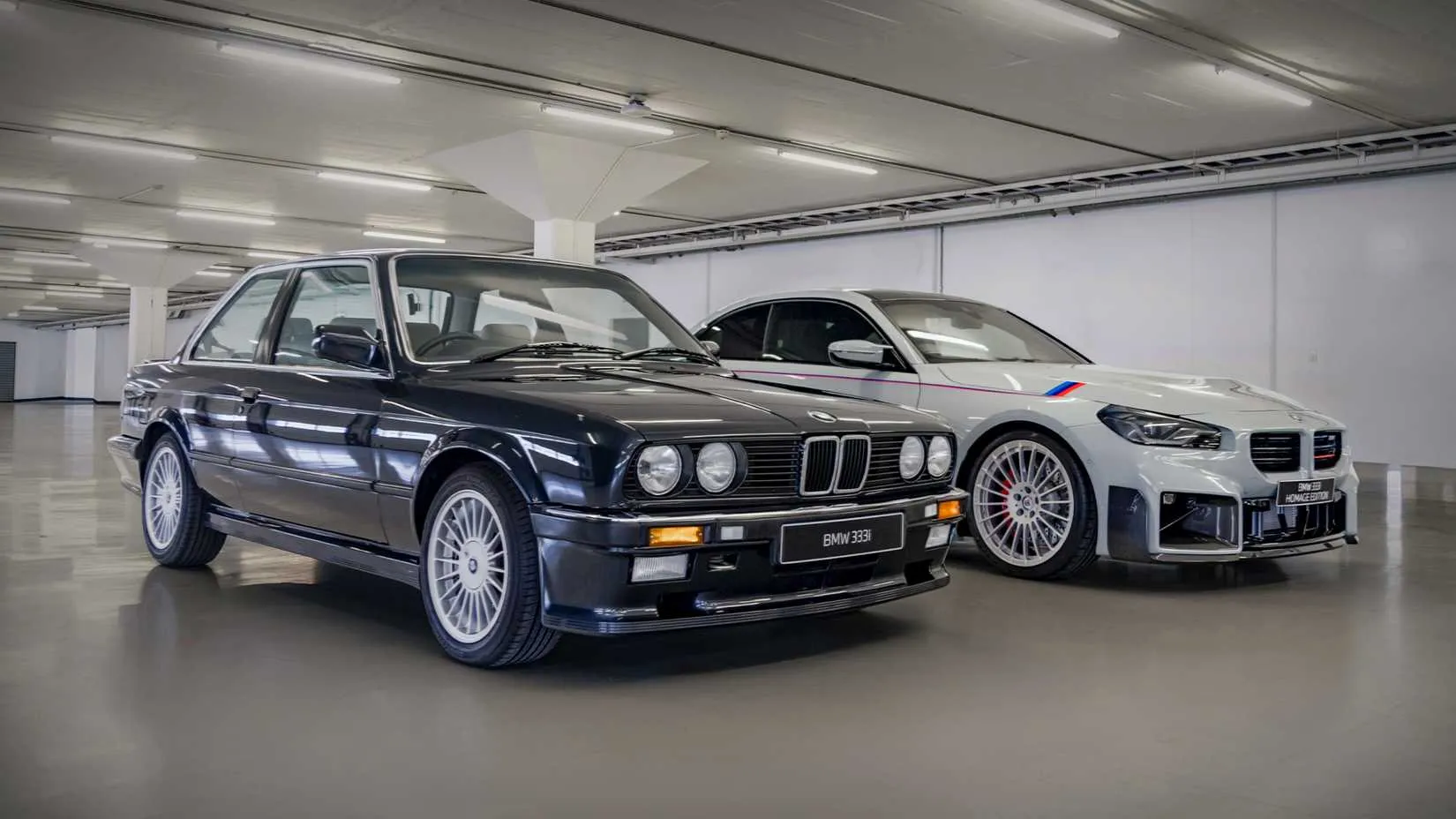 Side-by-side comparison of original 1990 BMW 333i and modern 333i Homage