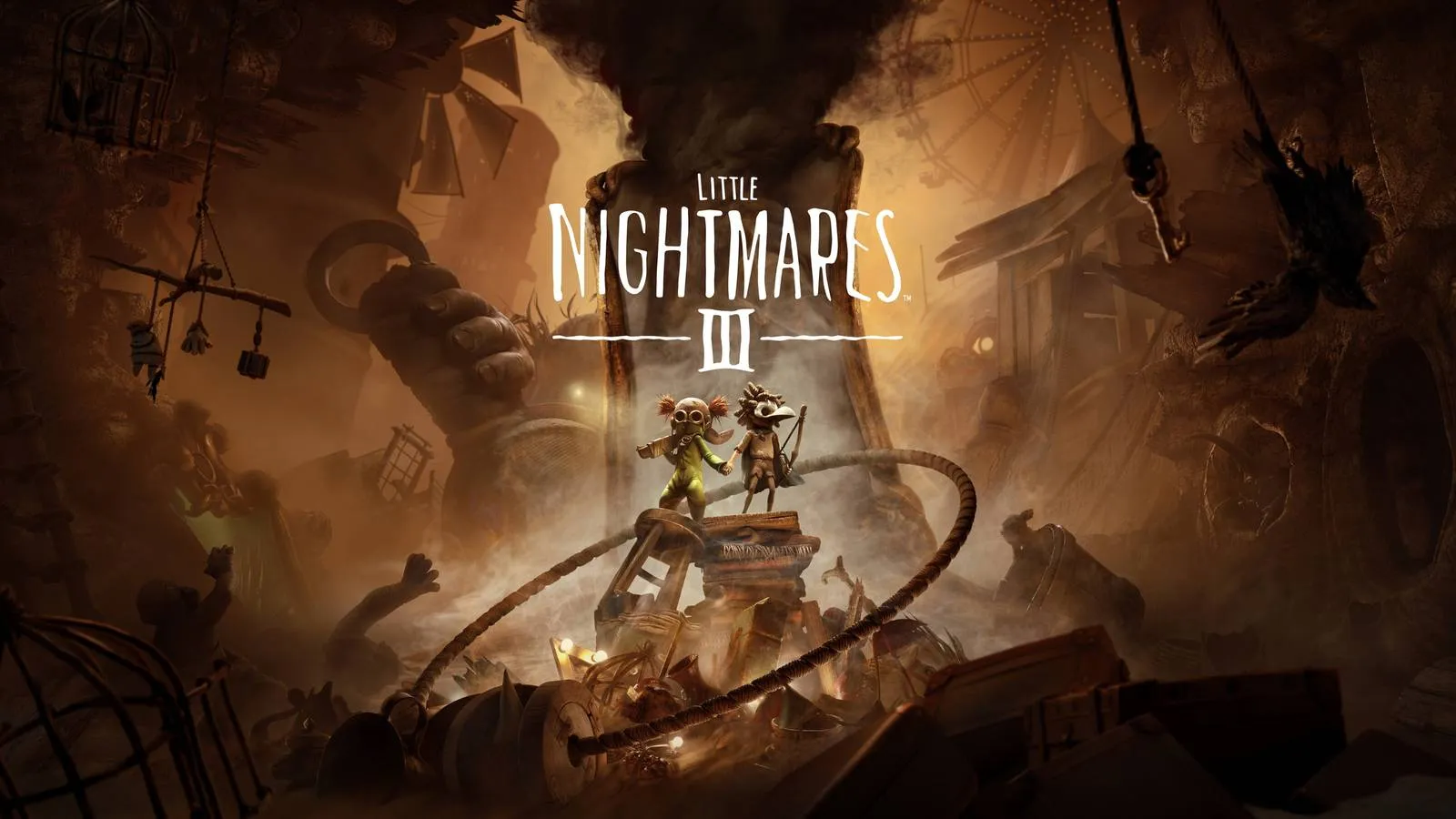 A dark, atmospheric key art for Little Nightmares 3 showing the two protagonists, Low and Alone, standing in front of a colossal, twisted structure under a threatening sky, with the global release date of October 10, 2025 prominently displayed.