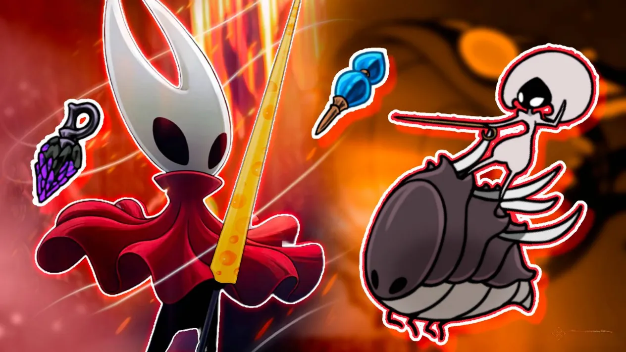 Hornet wielding a needle made of cheese alongside Lace riding the Savage Beastfly with the Pollip Flintslate and Plasmium Phial nearby from Hollow Knight Silksong
