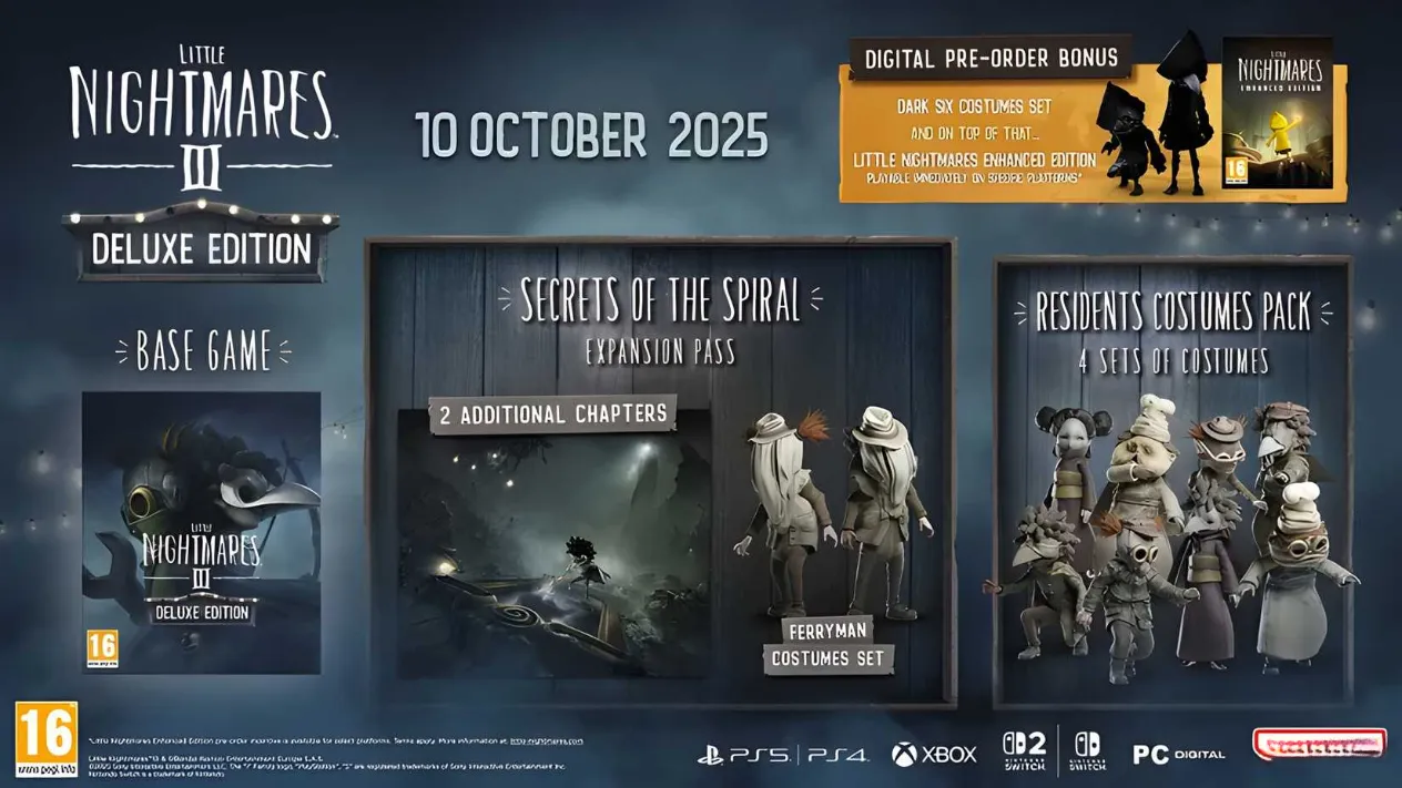 A promotional side-by-side comparison of the Standard and Deluxe editions for Little Nightmares 3, highlighting the bonus in-game costumes and the DLC expansion pass included with the Deluxe Edition.
