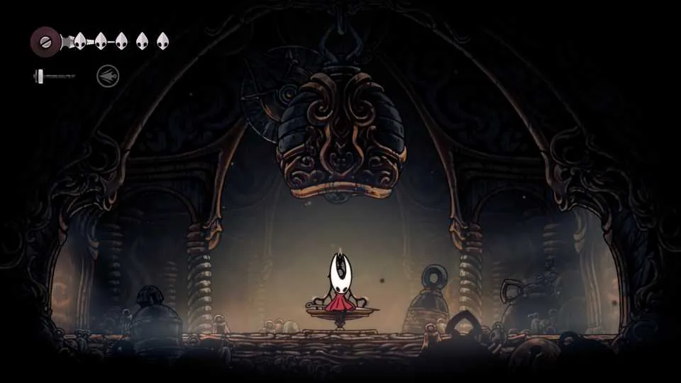 Hornet resting on a bench in the Marrow within Hollow Knight: Silksong