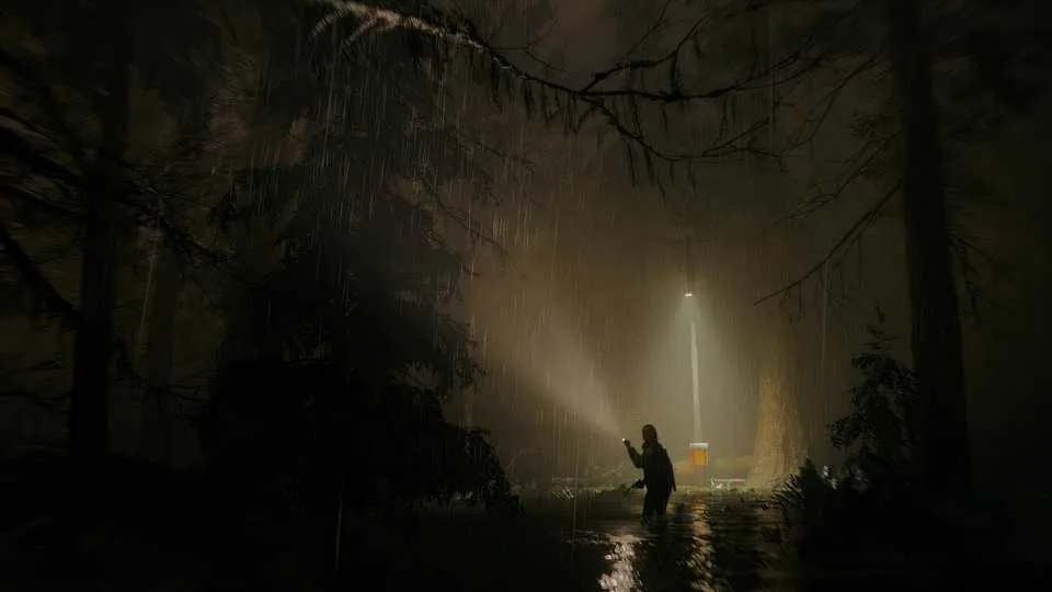 Saga Anderson investigating in the woods with a flashlight in Alan Wake 2