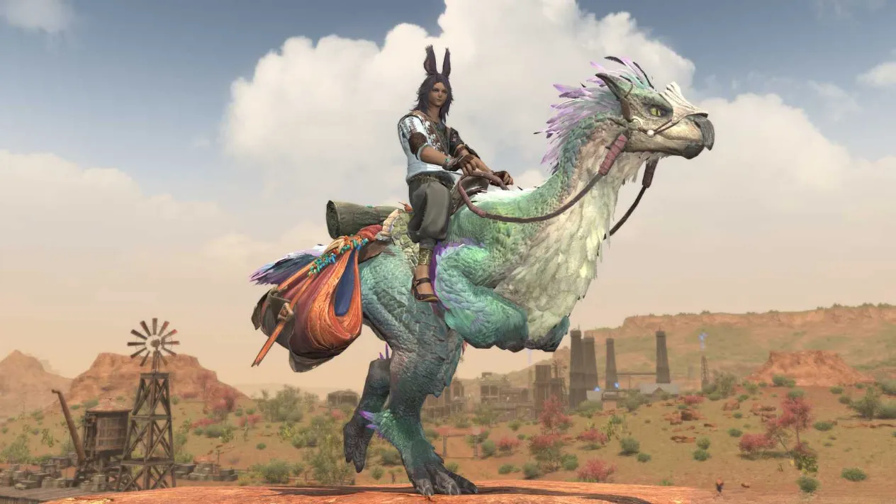 A Seikret mount from the FF14 crossover in Monster Hunter Wilds