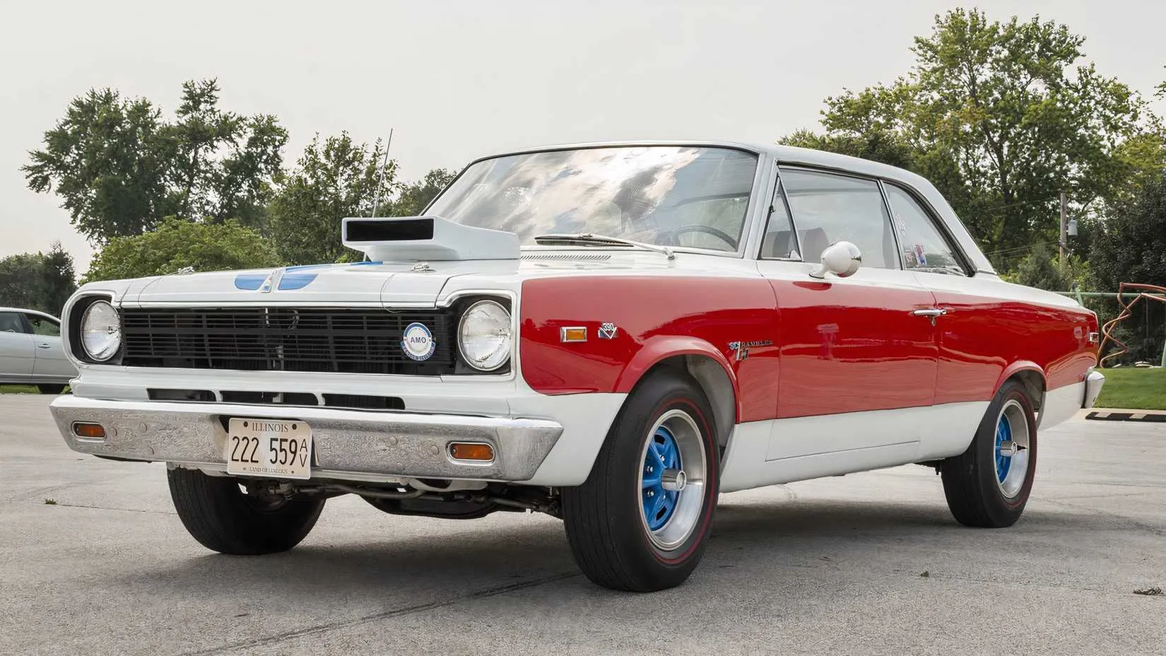 1969 AMC Hurst SC/Rambler wearing its iconic red, white, and blue paint scheme