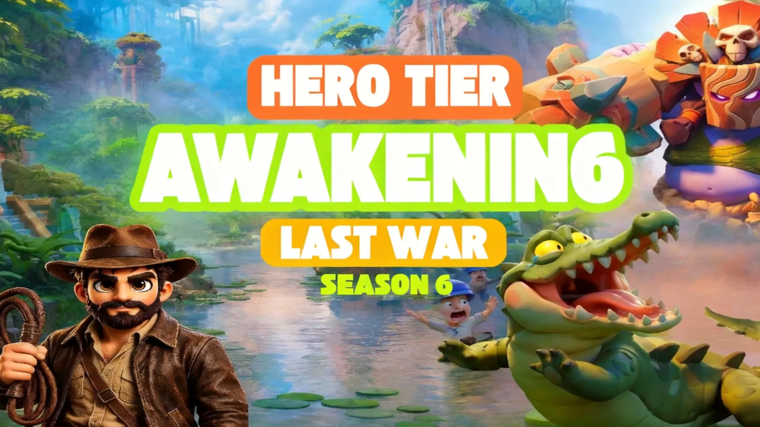 Six hero squad lineup displaying exclusive weapon tiers and awakening stars