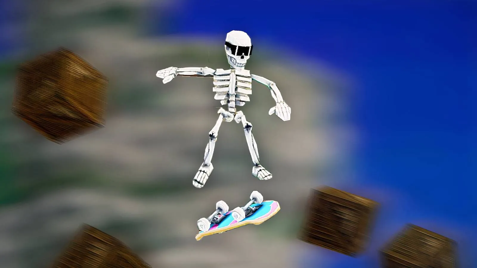 Skeleton wearing sunglasses doing a sweet kickflip in Megabonk