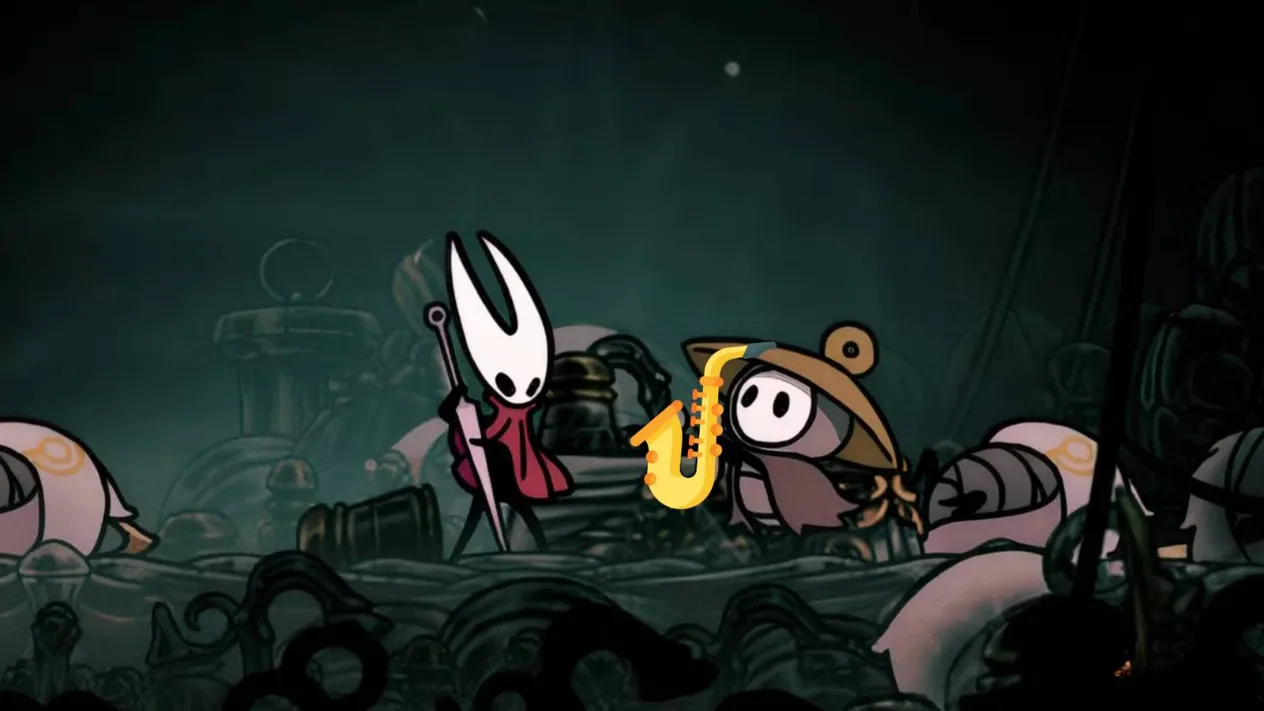 A streamer with a mustache grinning while holding an electronic saxophone, ready to play Hollow Knight: Silksong