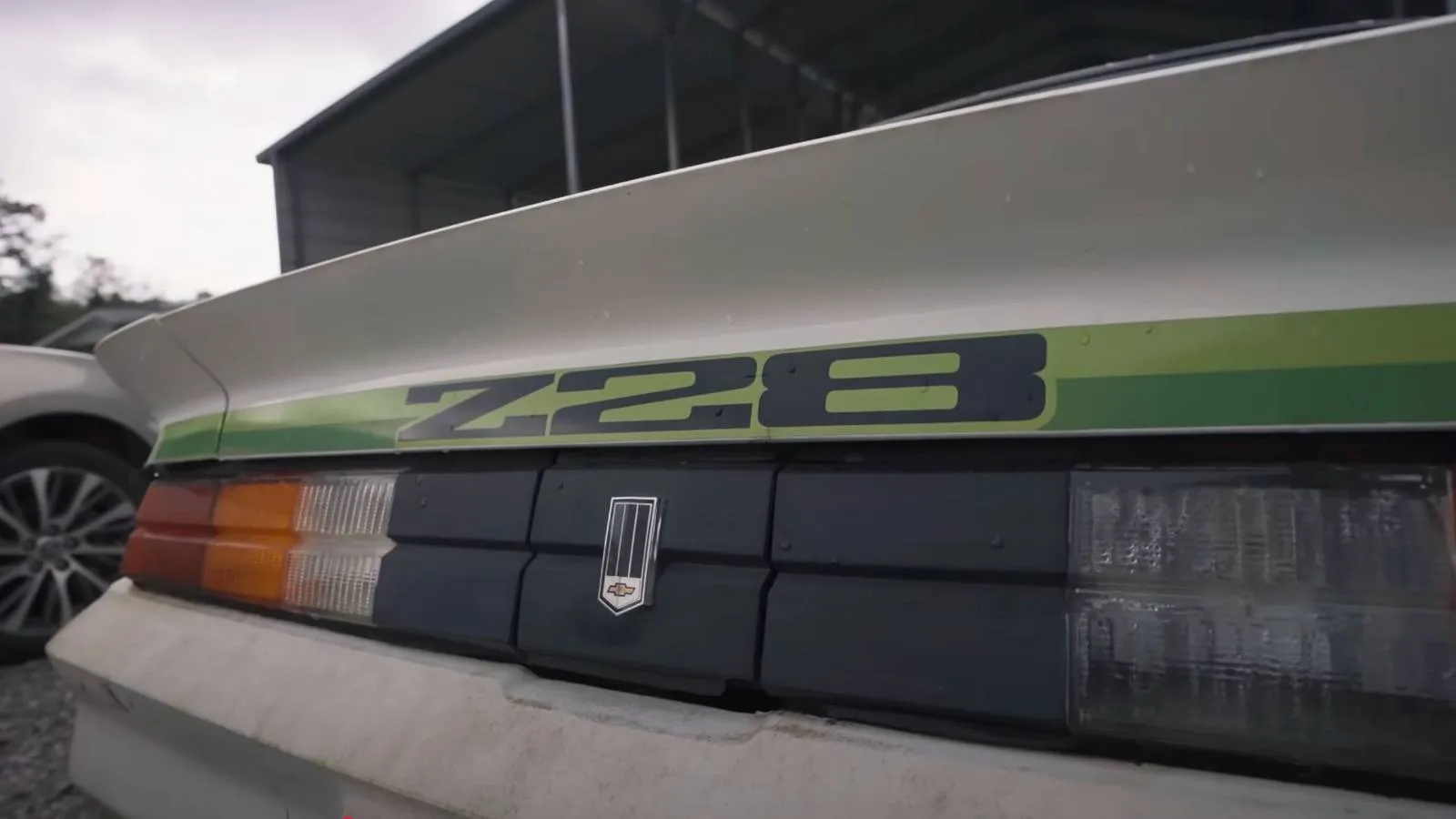 Close-up of the Z28 IROC Sprite pace car badge on a white 1979 Camaro