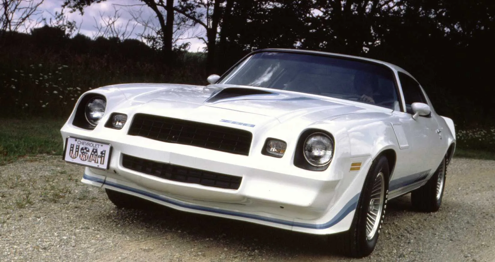 A pristine front-view shot of a white 1979 Chevrolet Camaro Z28
