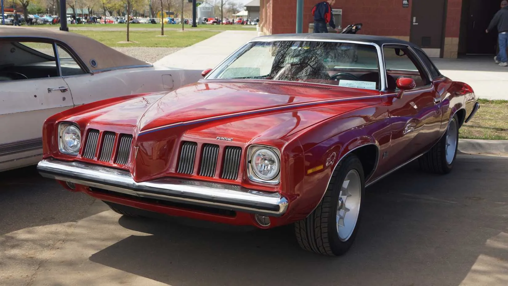 1973 Pontiac Grand Am viewed from the front three-quarter angle, showcasing its long hood and distinctive Endura front bumper on grass