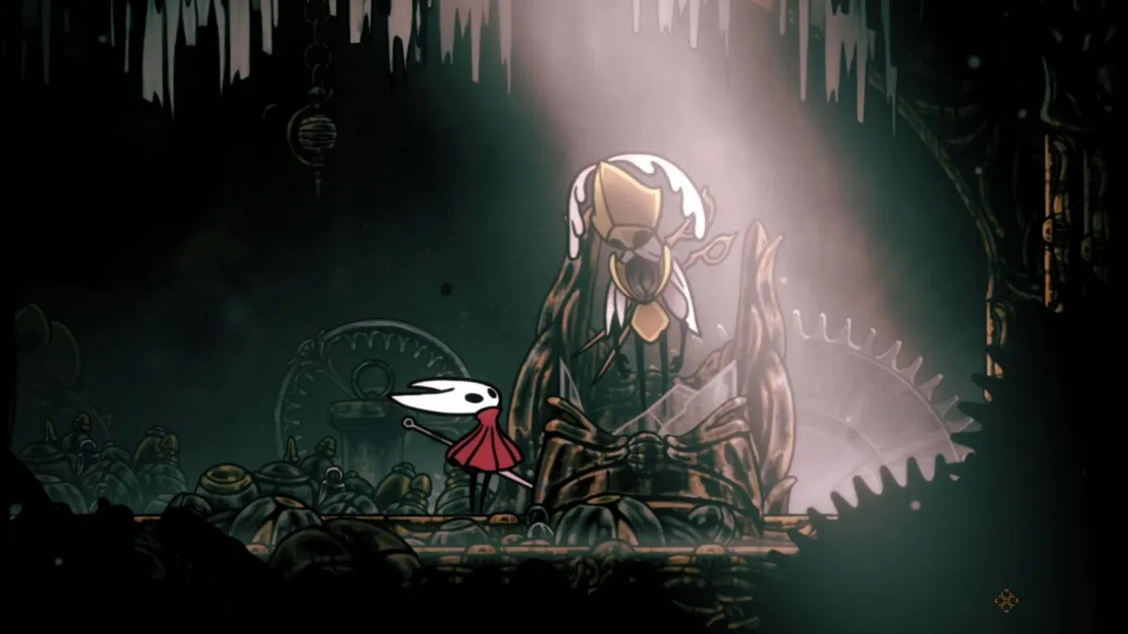 A majestic shot of the Second Sentinel standing tall in the High Halls, ready to challenge the player.