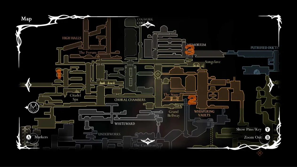 A map showing the locations of all three Cogheart pieces scattered throughout the Citadel.