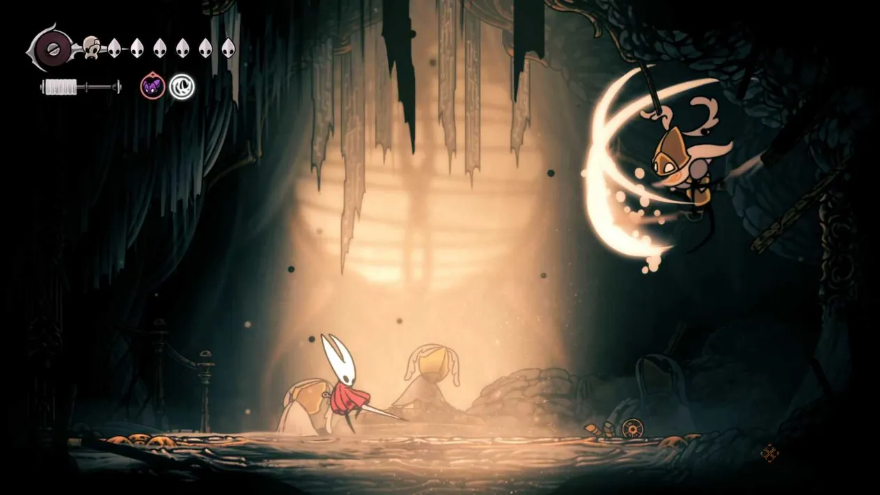 The Hornet-like protagonist leaping over the Second Sentinel’s projectile during the intense battle.