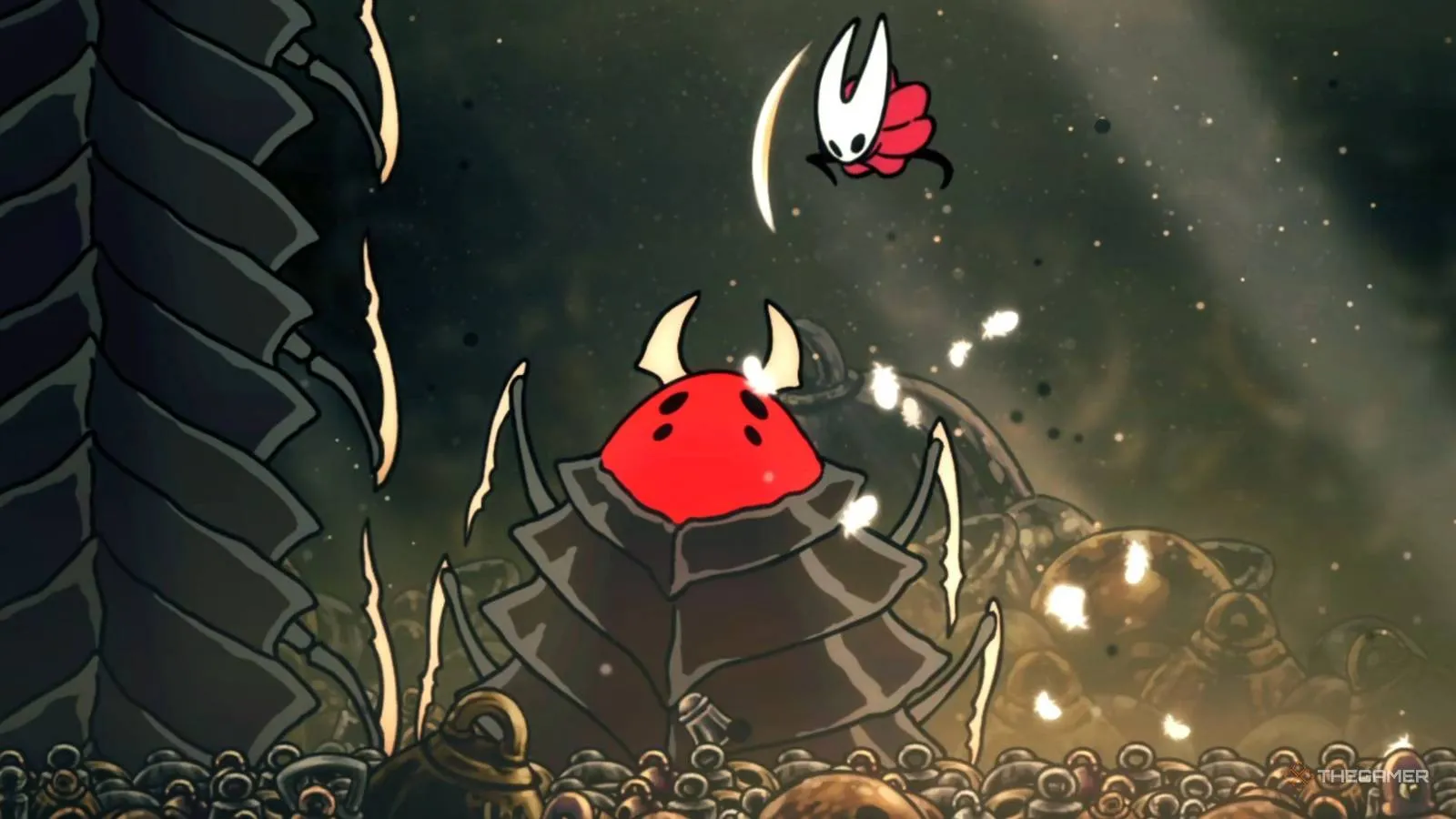 Hornet facing the massive Bell Eater boss in its underground lair