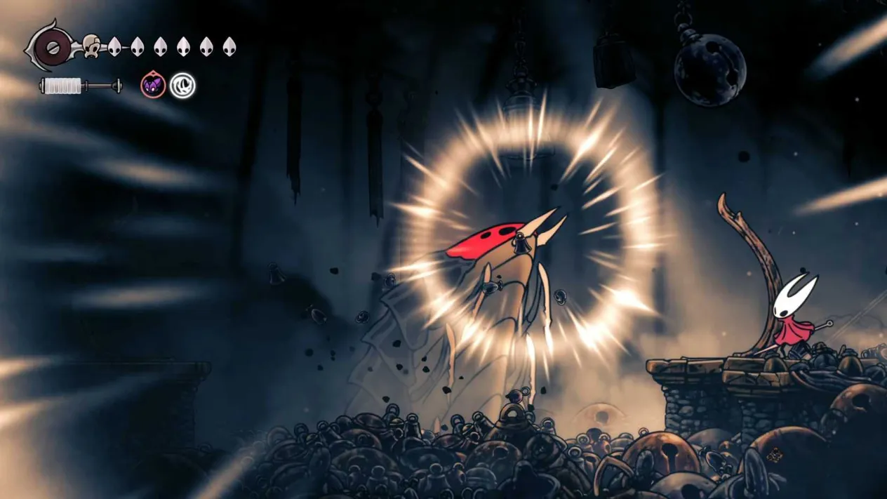 Hornet descending into the ruined entrance of the Bell Eater's arena