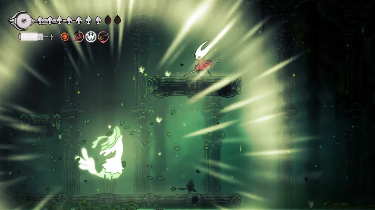 A spectral deer-like boss charges across a misty forest arena