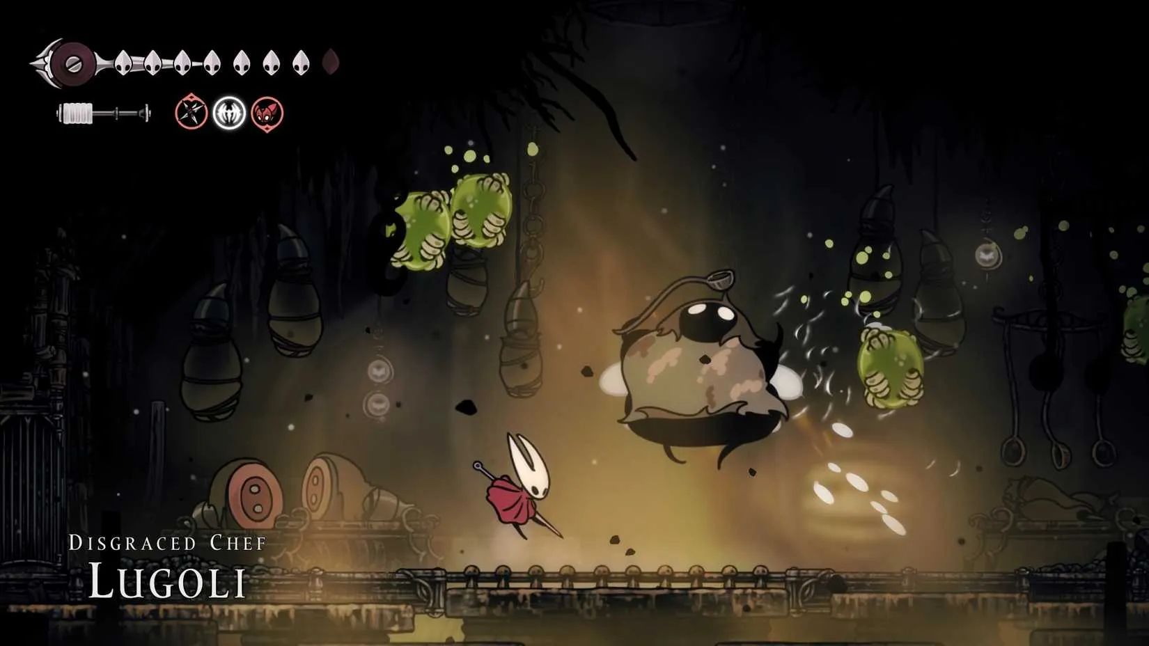 A bloated, toad-like chef boss surrounded by clouds of noxious gas