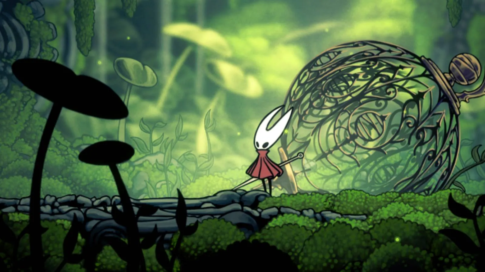A collage of Hollow Knight: Silksong's vibrant Moss Grotto area