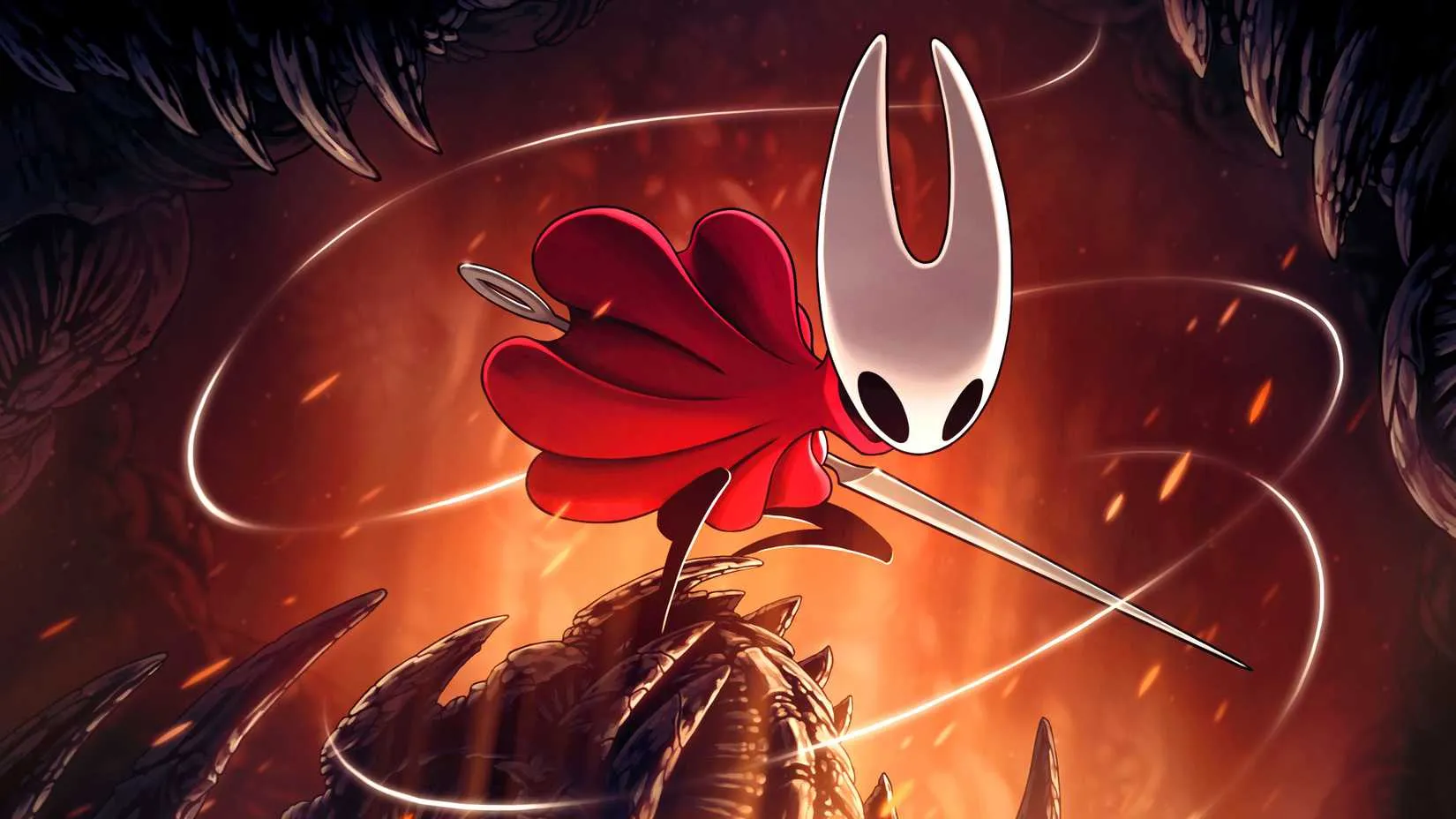 Official Silksong promo art with Hornet standing on a spiked platform with her needle