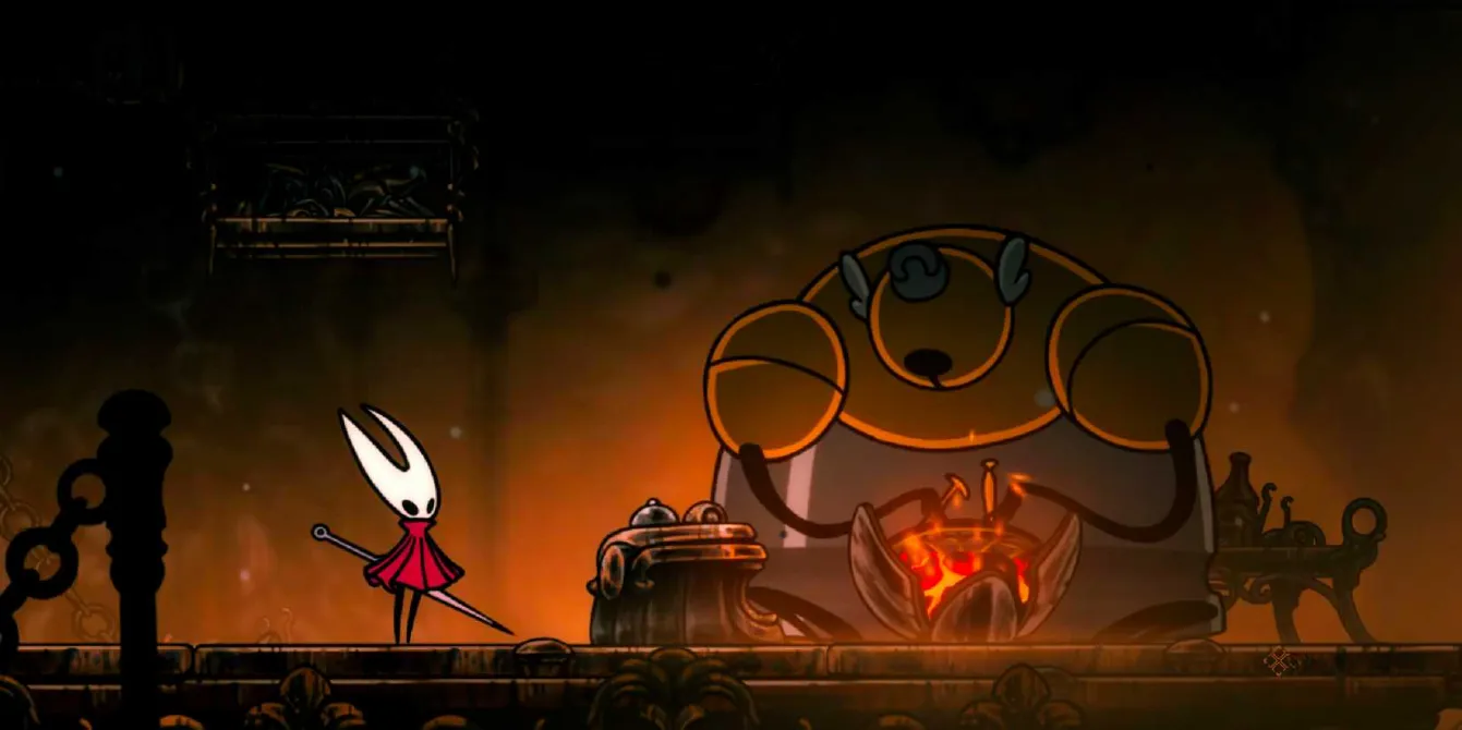 Hornet standing with the Forge Daughter in the Deep Docks