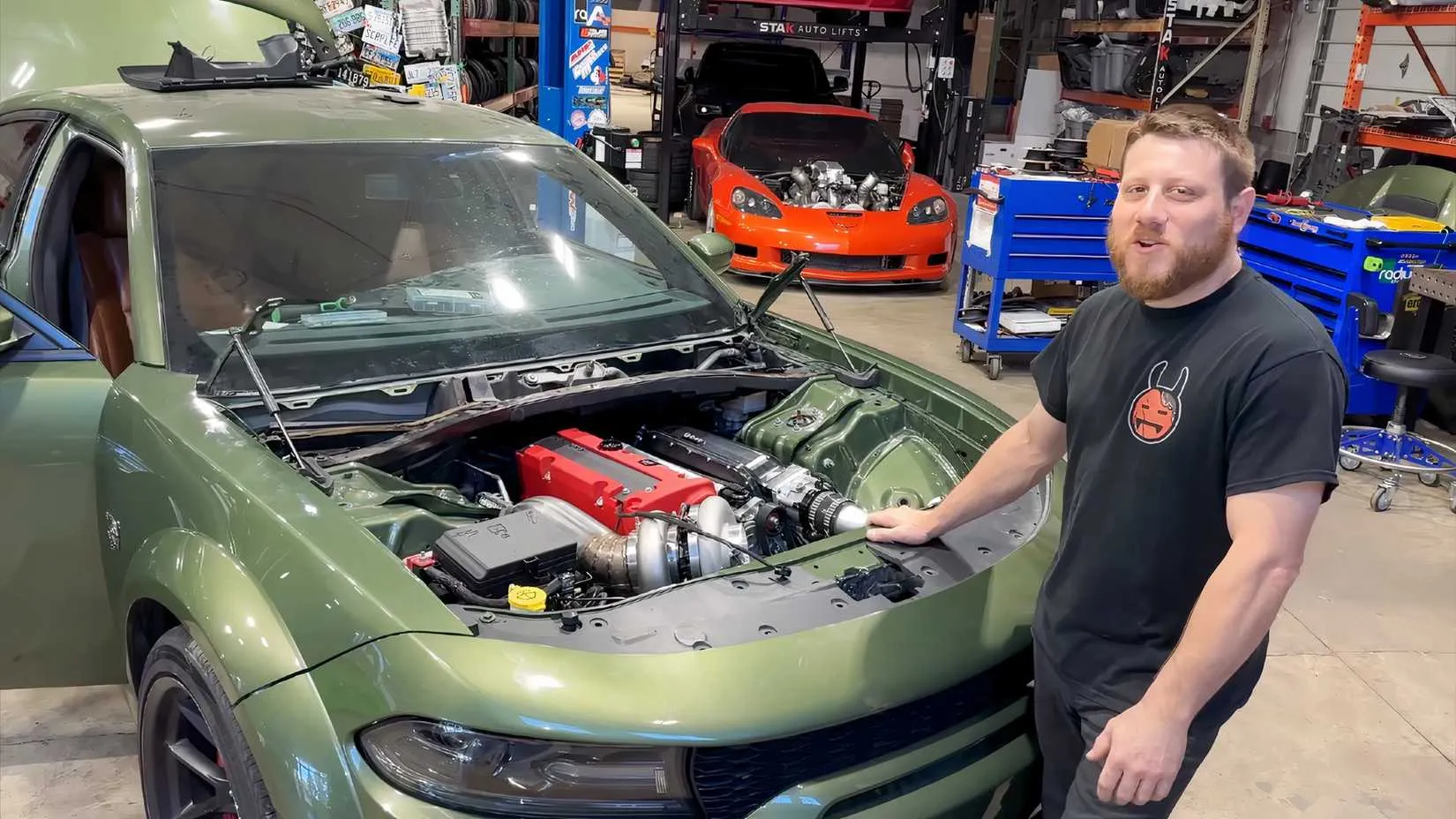 Custom fabrication and turbo piping on the Honda-swapped Hellcat, showing the tight fitment