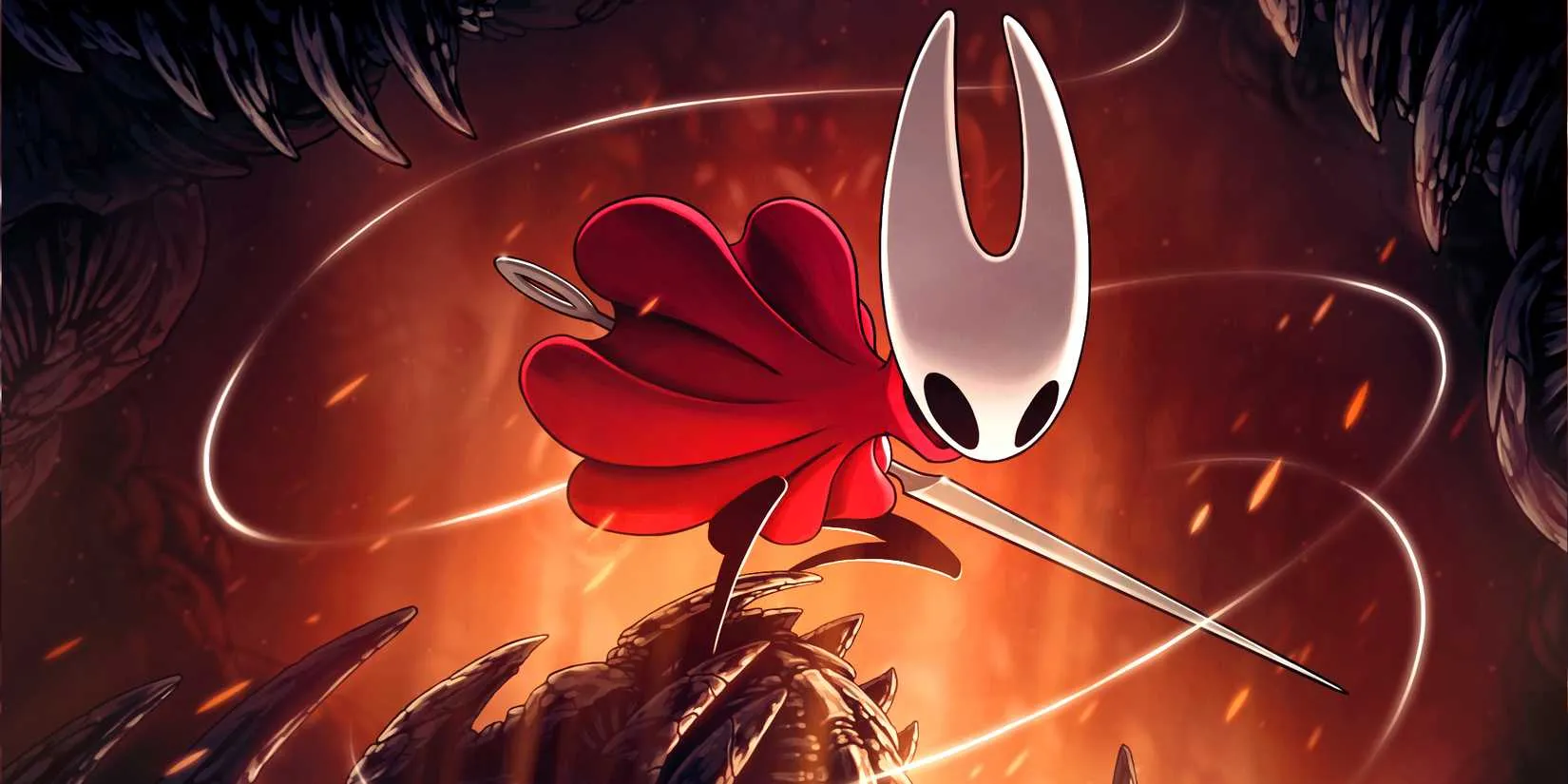 Hornet perches gracefully with needle and silk in her original Silksong design, long before the curves arrived