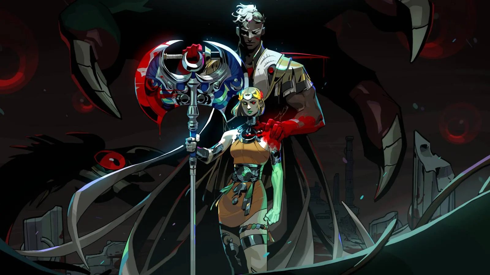 Hades 2 key art featuring Melino&euml; wielding spectral weapons in a vivid underworld