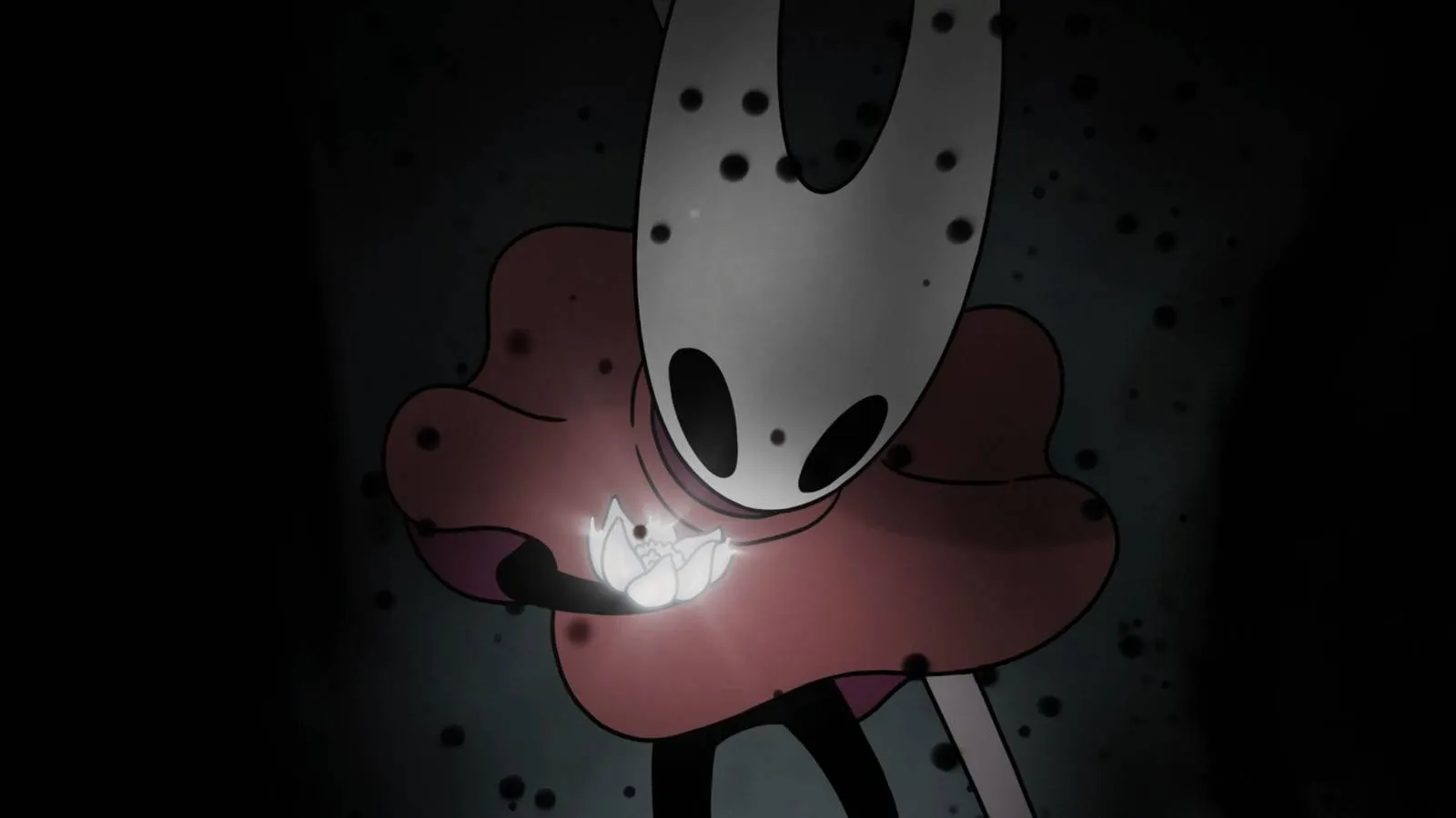 A glowing display reveals the completion percentage in Hollow Knight: Silksong, as Hornet stands before the Farsight device.