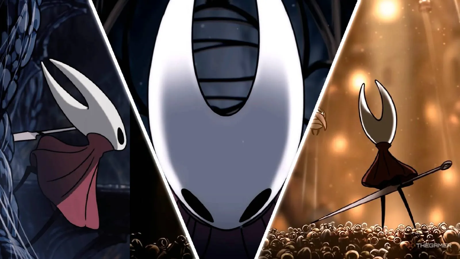 Hornet seen in a cutscene from each act of Hollow Knight Silksong