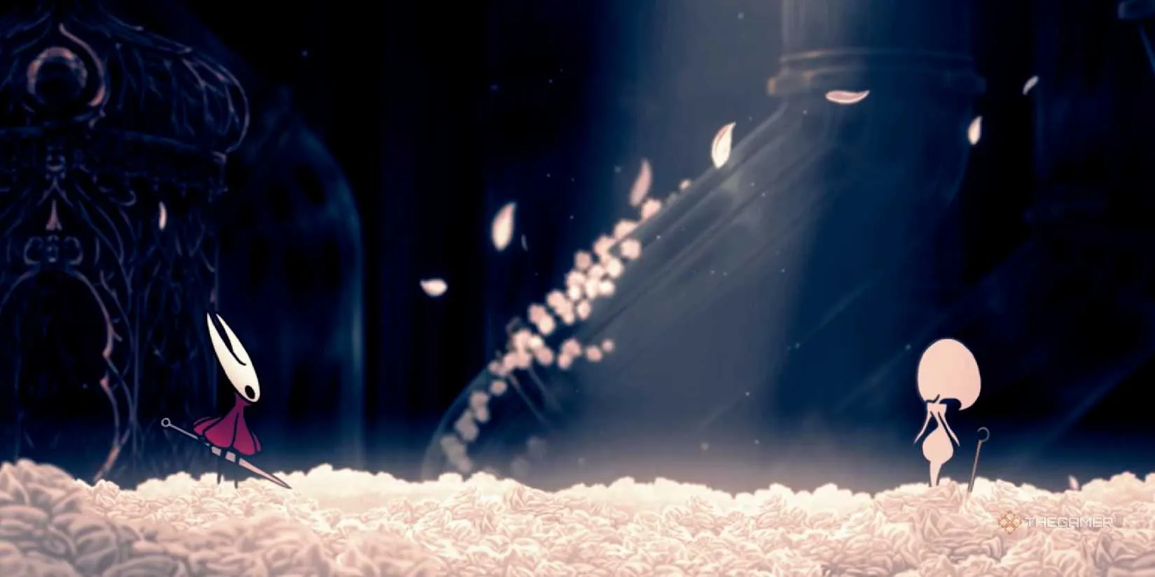 Hornet about to fight for the second time Lace in a room of white roses in Hollow Knight Silksong
