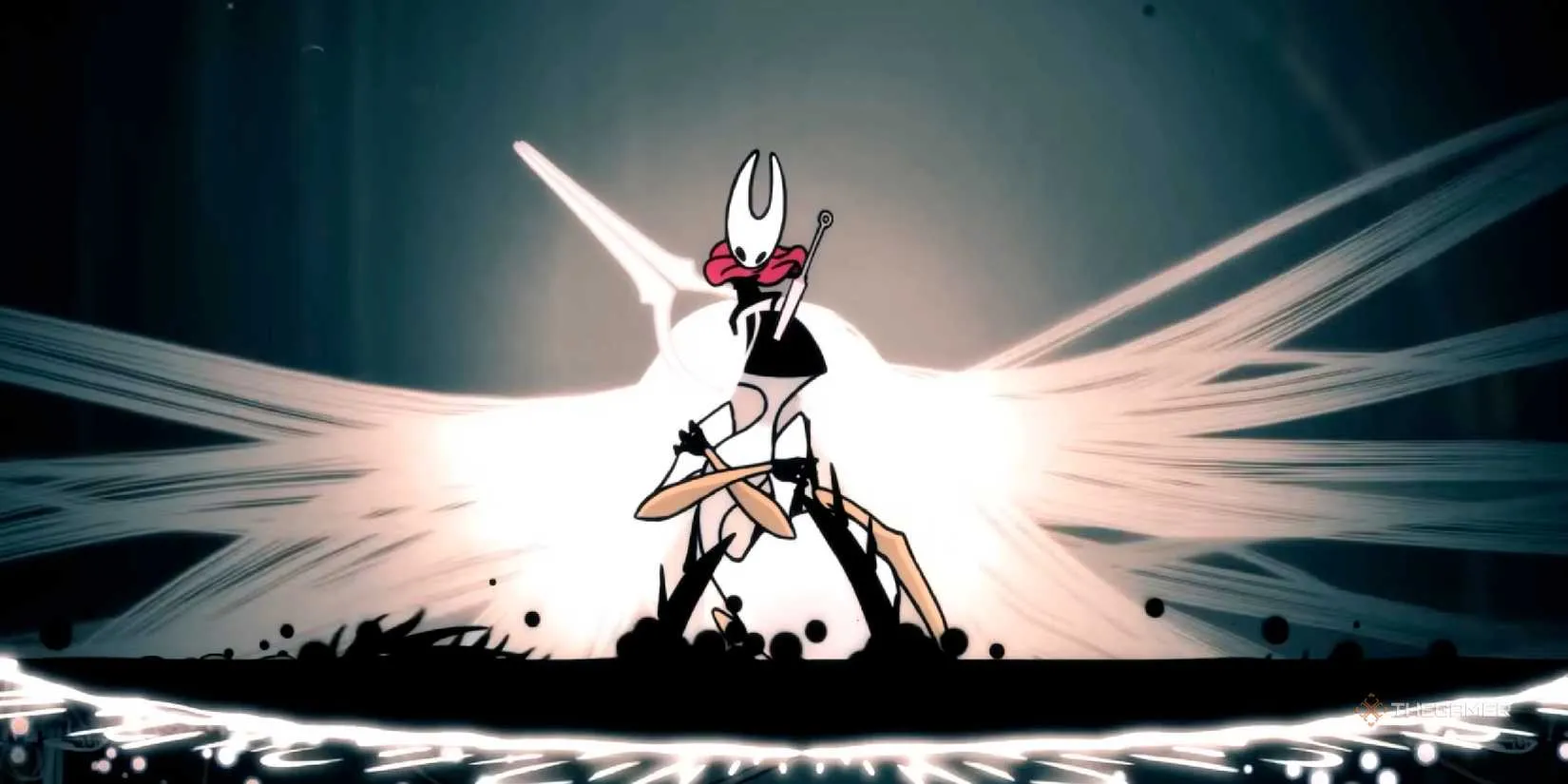 Hornet pushing the Grand Mother Silk into the Abyss in Hollow Knight Silksong