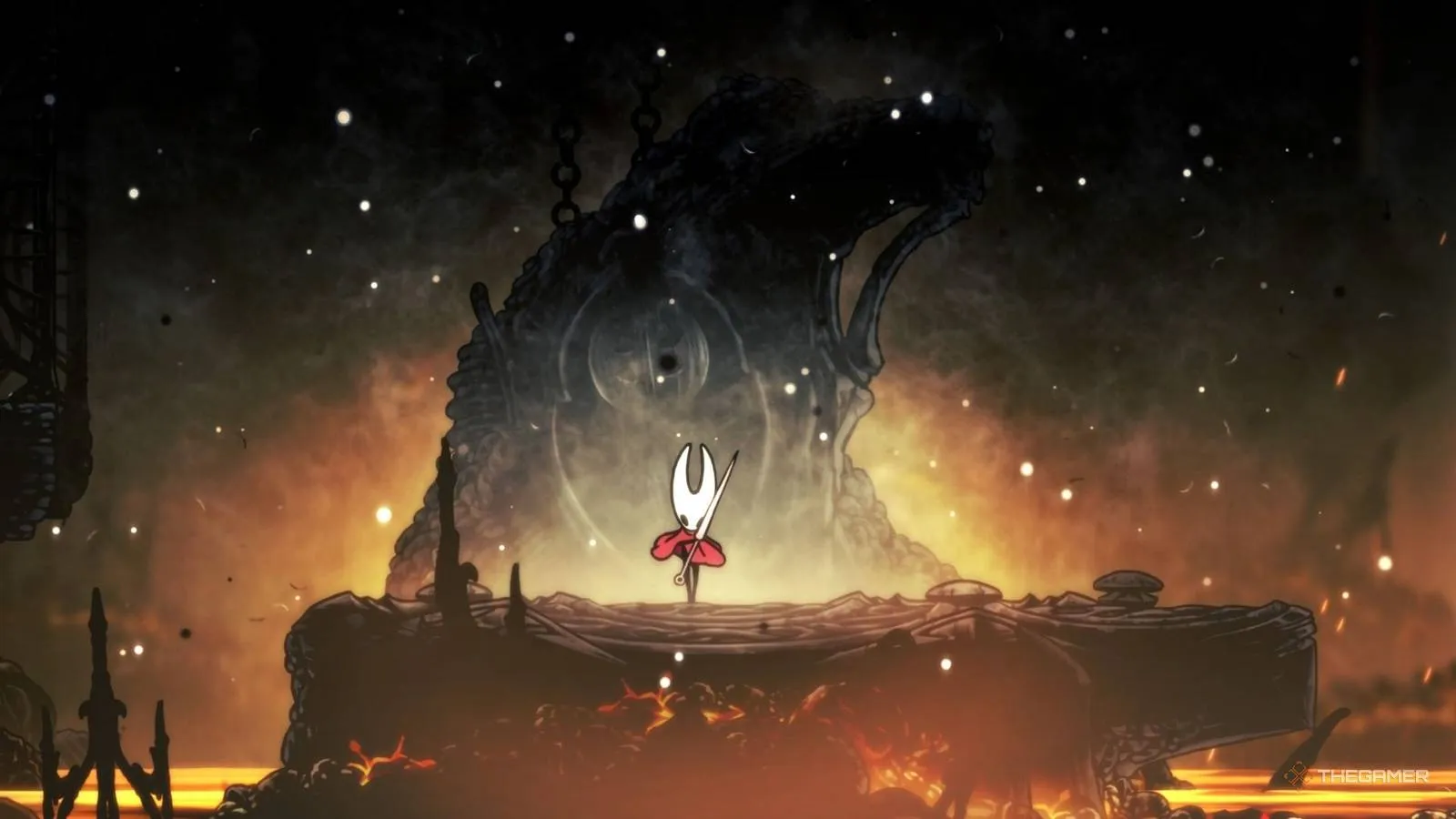 A promotional screenshot of Hornet using a crest ability in Hollow Knight: Silksong, showcasing her agility and the game's intricate art style.