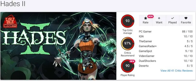 A screenshot of the Hades 2 review score on OpenCritic, displaying a 93 overall rating.